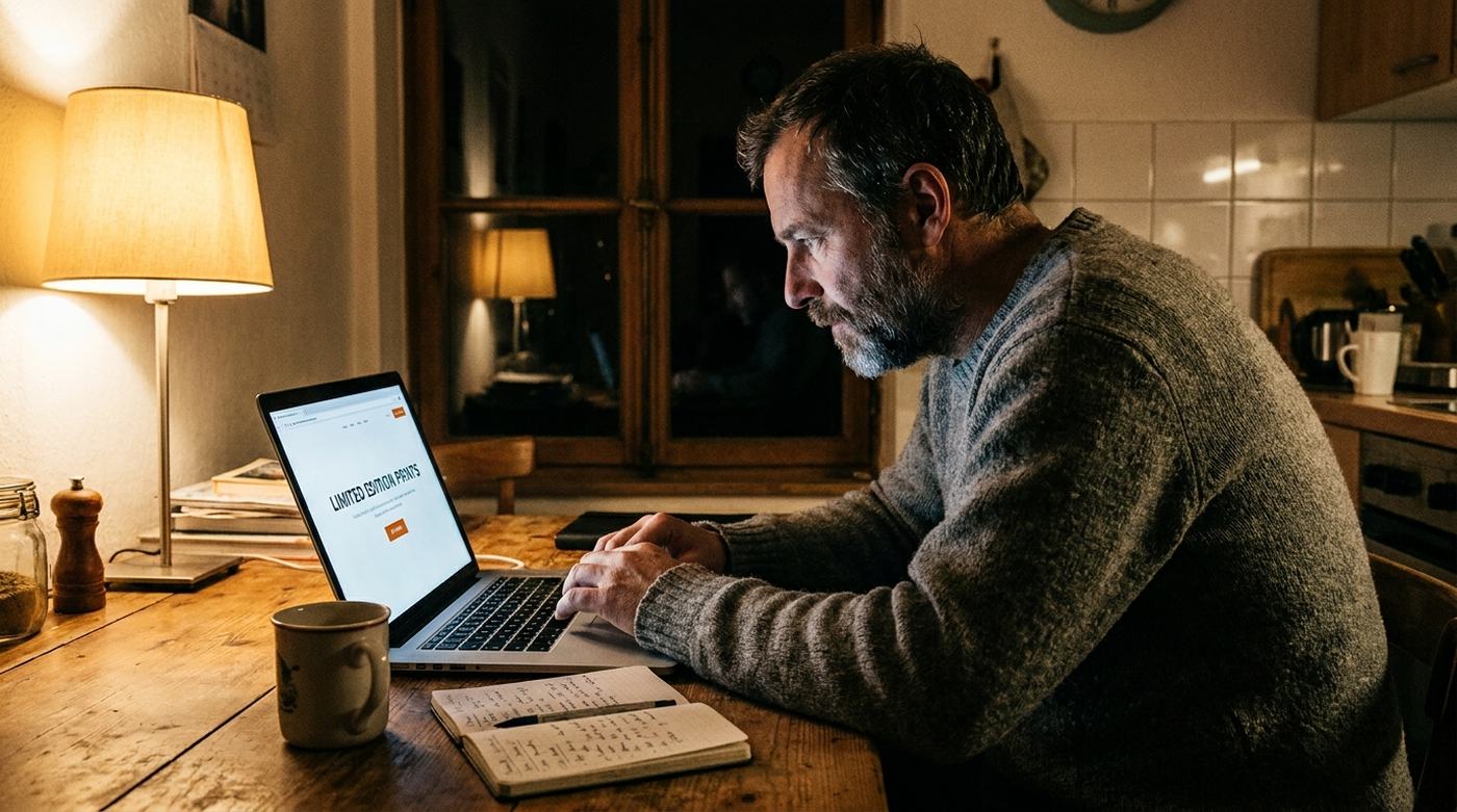 Mit KI erzeugtes Bild: Ein Mann sitzt abends am Küchentisch vor dem Laptop, auf dem Bildschirm seine fertige Verkaufsseite.