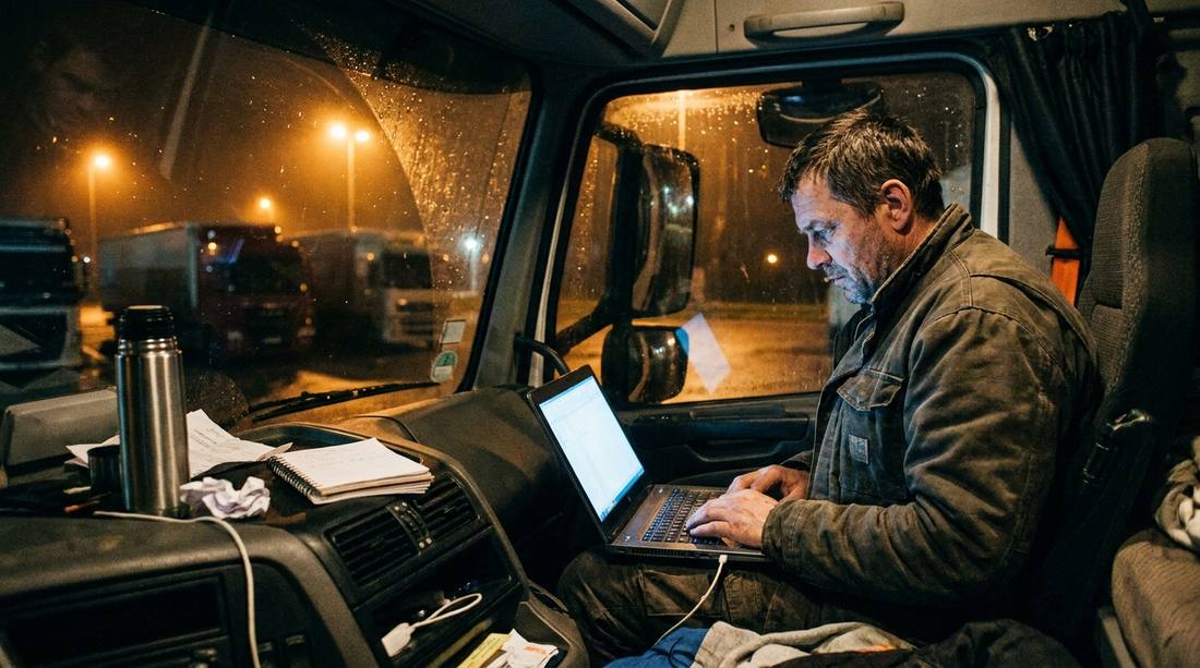 Mit KI erzeugtes Bild: Fahrerkabine eines LKW nachts auf einem Rastplatz, ein Mann arbeitet am Laptop.